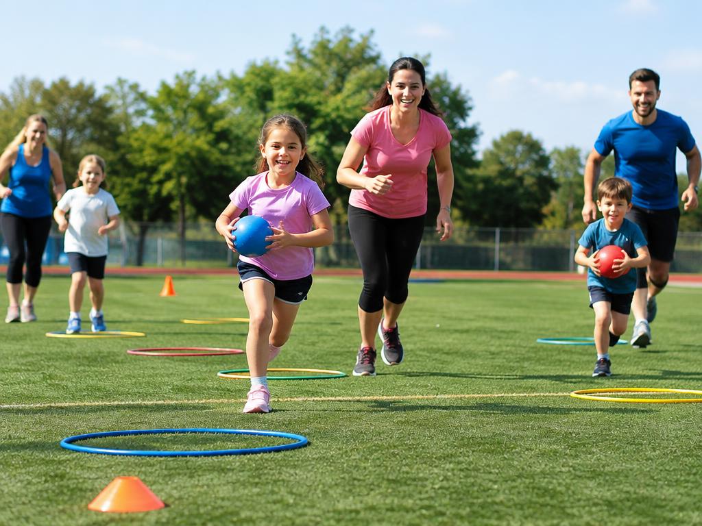 Kinderen en ouders spelen een estafettespel